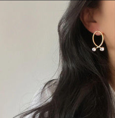 Dual Pearl Drop Gold Hoop Earrings